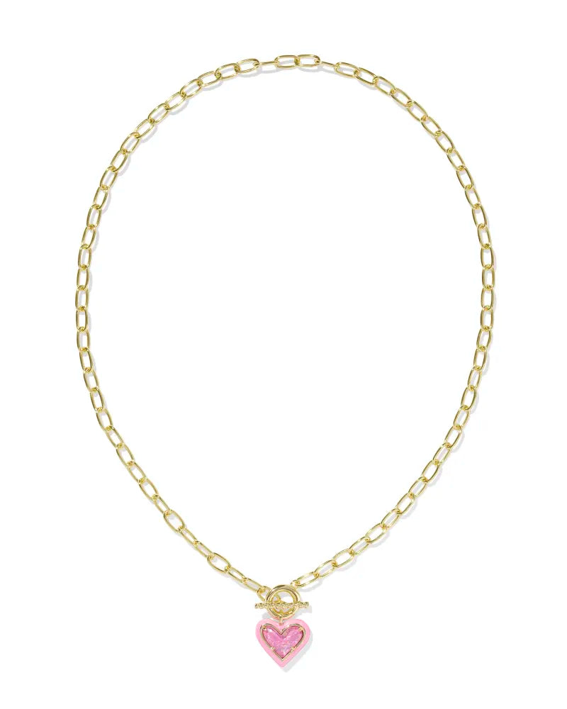 Ari Heart Gold Enamel Frame Link and Chain Necklace in Pink