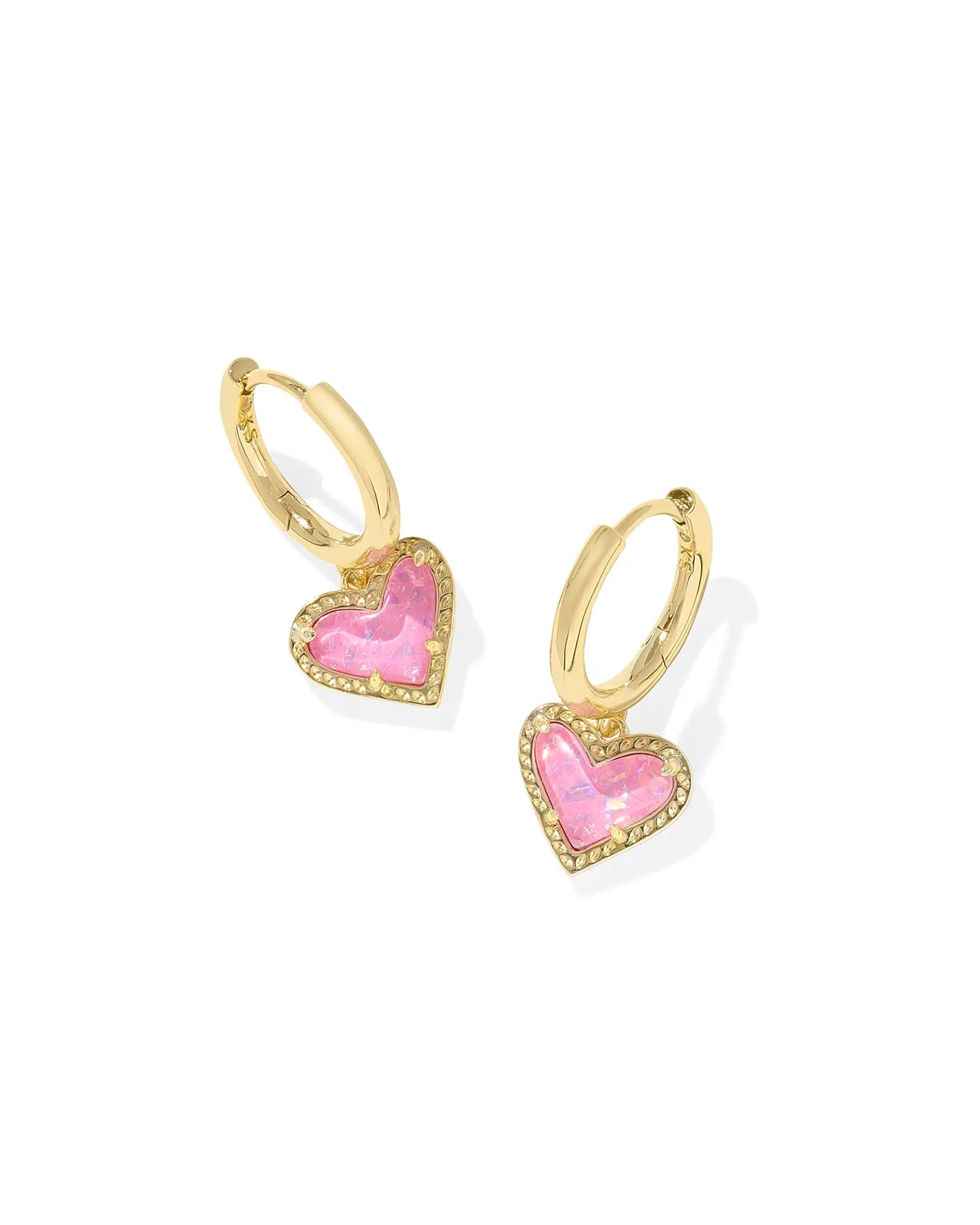 ARI HEART HUGGIE EARRINGS in GOLD PINK IRIDESCENT GLITTER GLASS