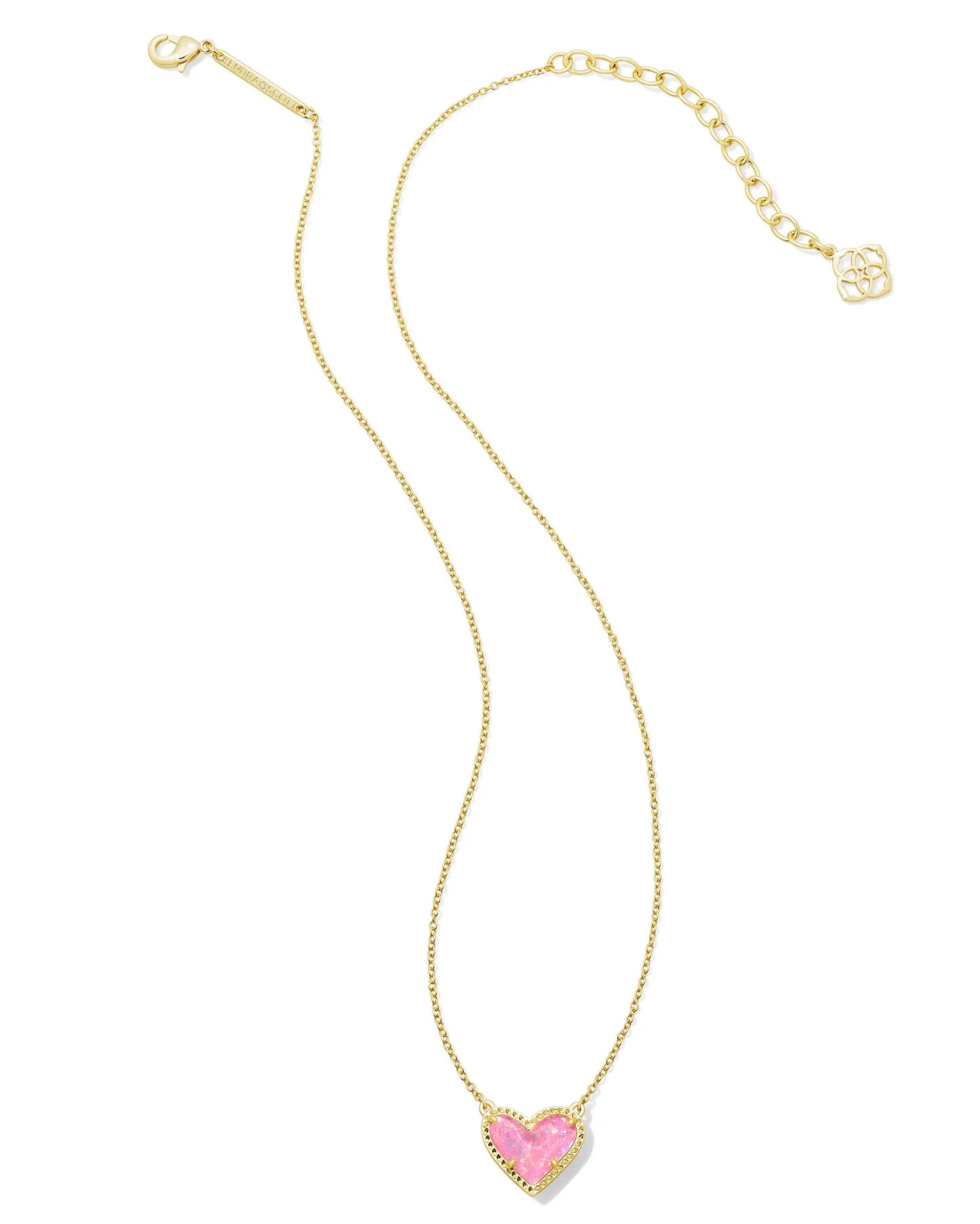 ARI HEART SHORT PENDANT NECKLACE in GOLD PINK IRIDESCENT GLITTER GLASS