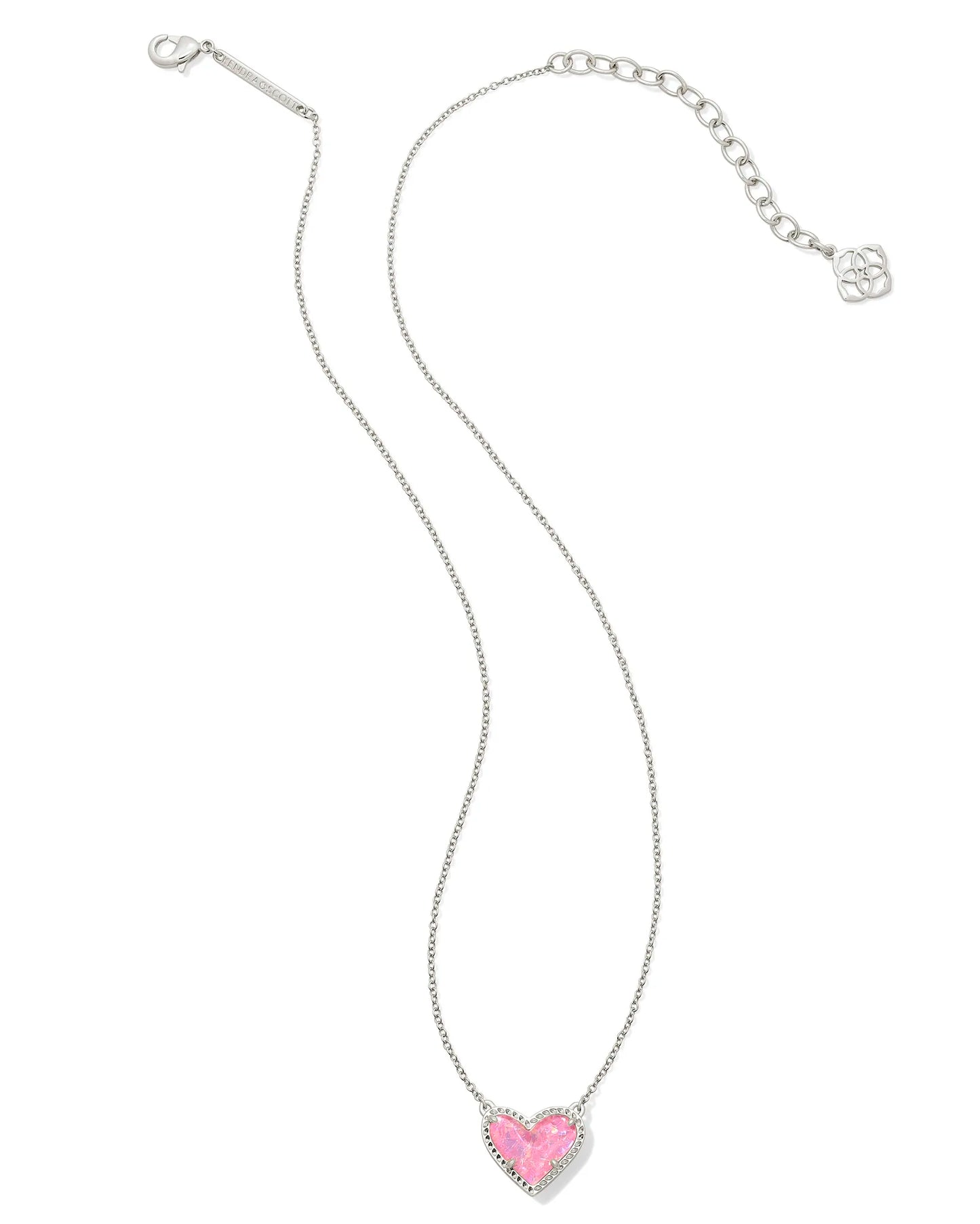 ARI HEART SHORT PENDANT NECKLACE in RHODIUM PINK IRIDESCENT GLITTER GLASS