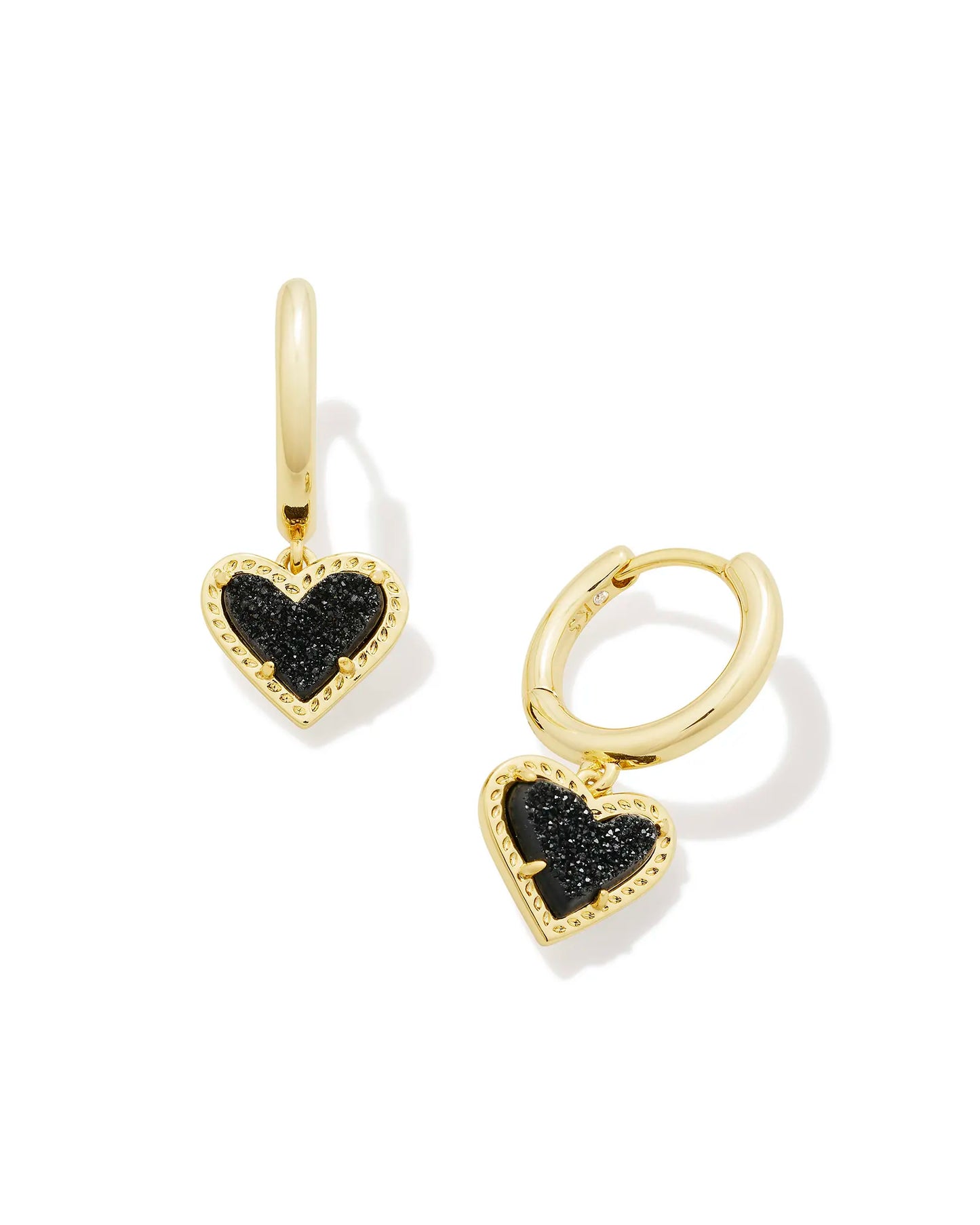 ARI HEART HUGGIE EARRINGS in GOLD BLACK DRUSY