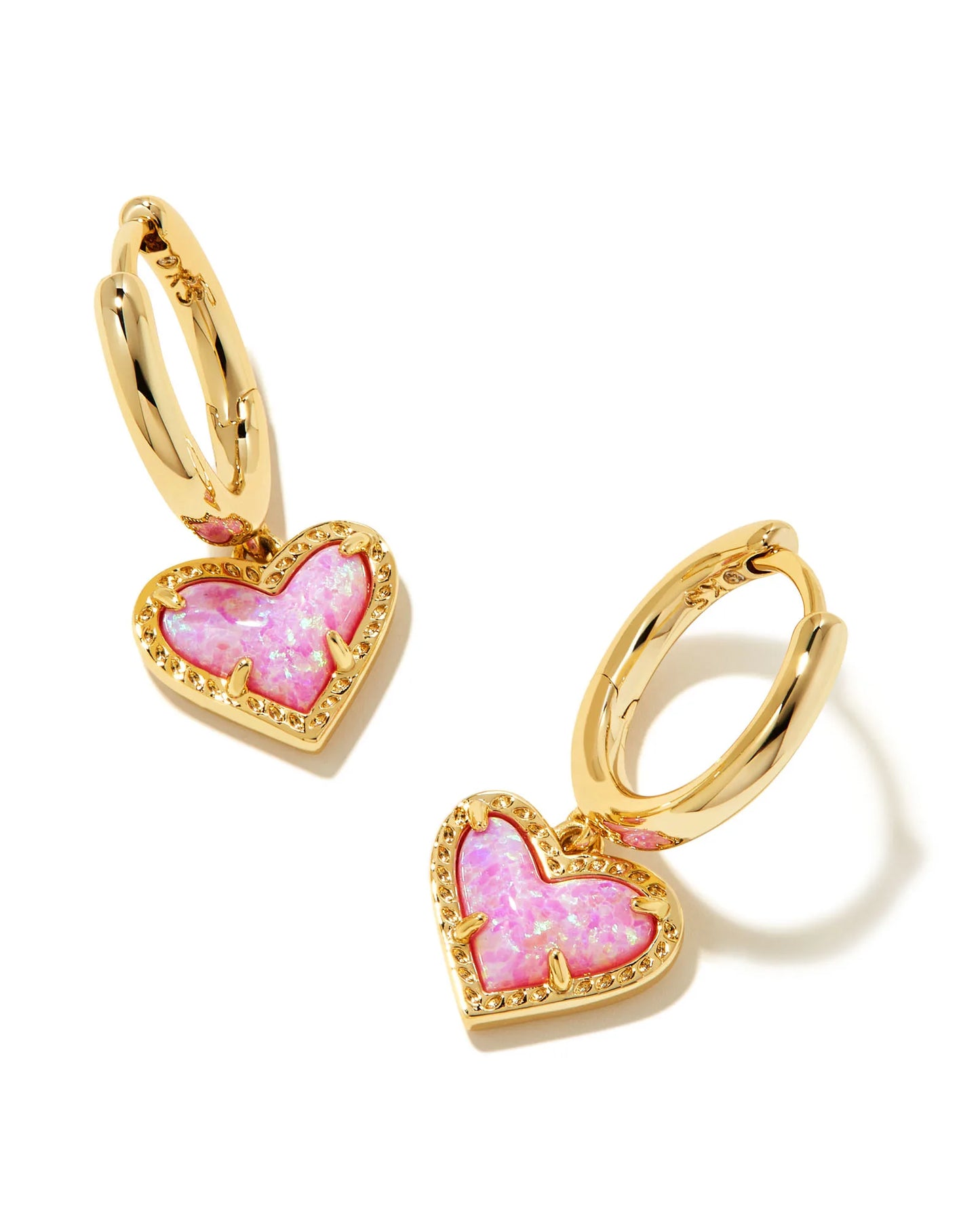 ARI HEART HUGGIE EARRINGS in GOLD BUBBLEGUM PINK KYOCERA OPAL