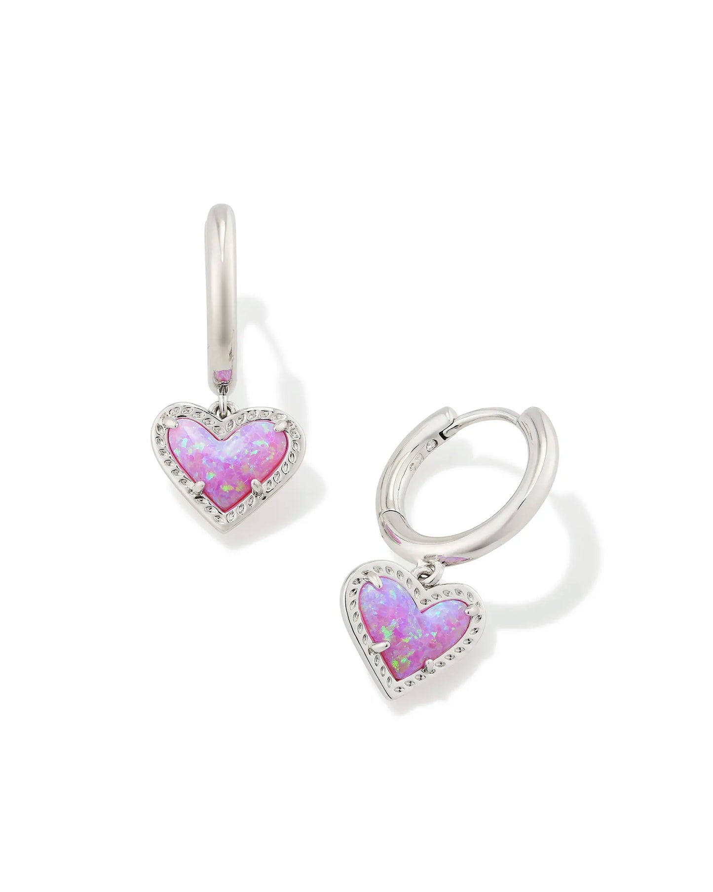 ARI HEART HUGGIE EARRINGS in RHODIUM BUBBLEGUM PINK KYOCERA OPAL