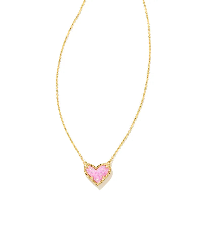 ARI HEART SHORT PENDANT NECKLACE in GOLD BUBBLEGUM PINK KYOCERA OPAL