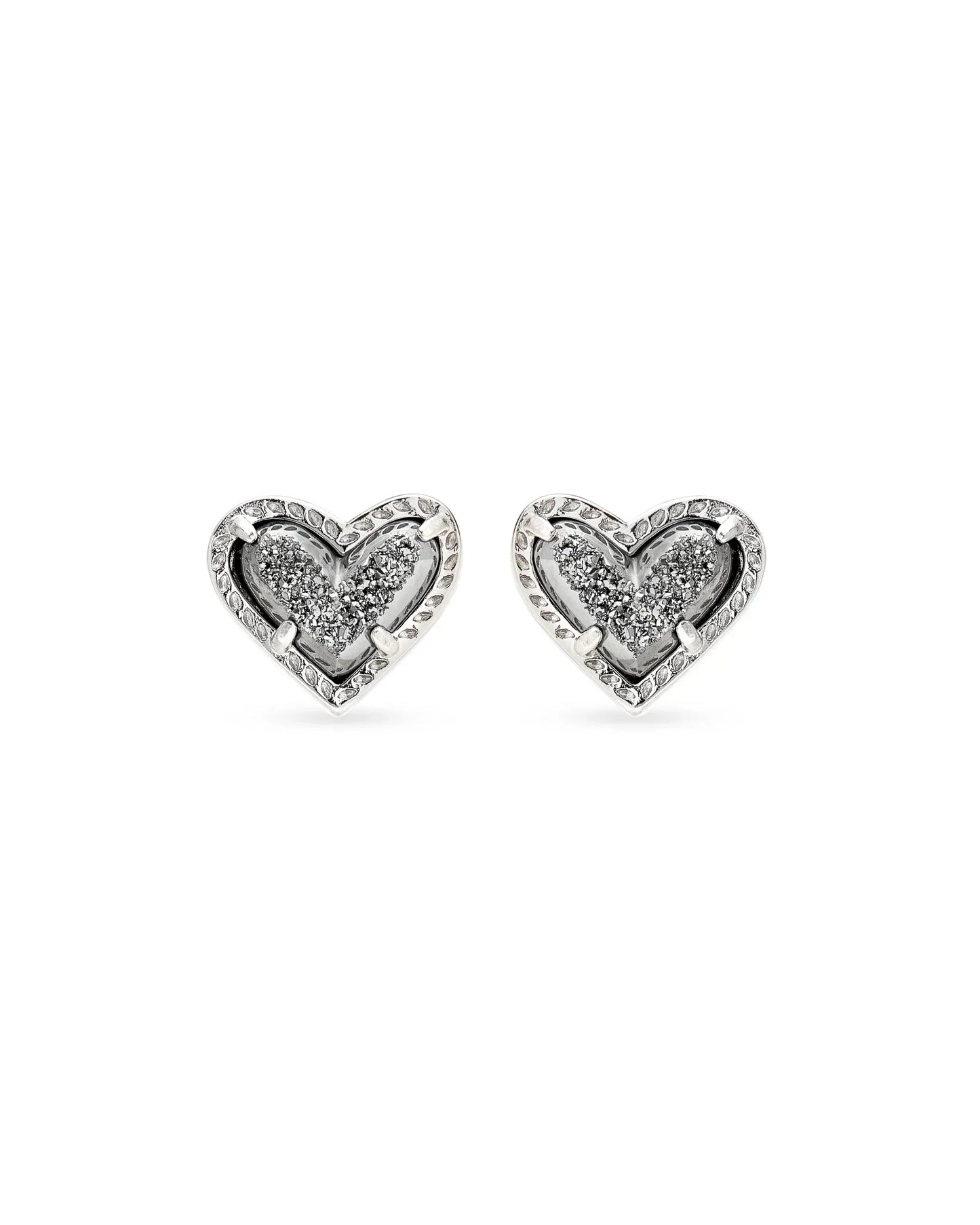 ARI HEART STUD EARRINGS in RHODIUM PLATINUM DRUSY