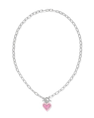 Ari Heart Silver Enamel Frame Link and Chain Necklace in Pink