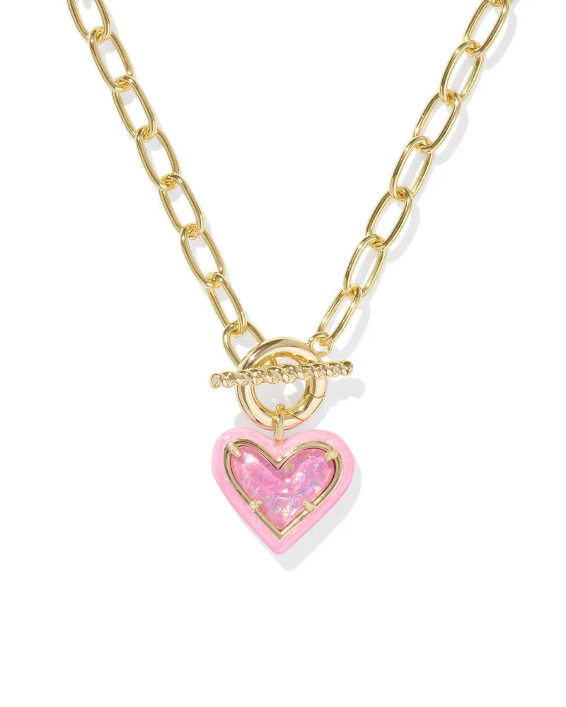 Ari Heart Gold Enamel Frame Link and Chain Necklace in Pink