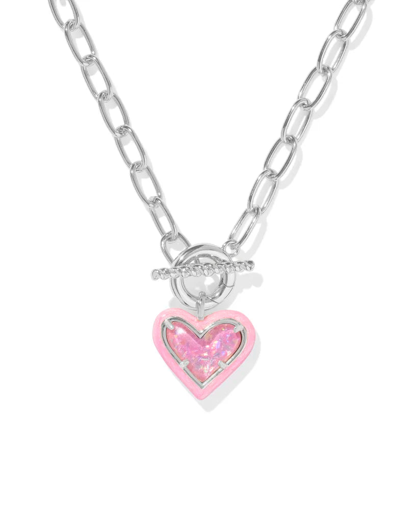 Ari Heart Silver Enamel Frame Link and Chain Necklace in Pink
