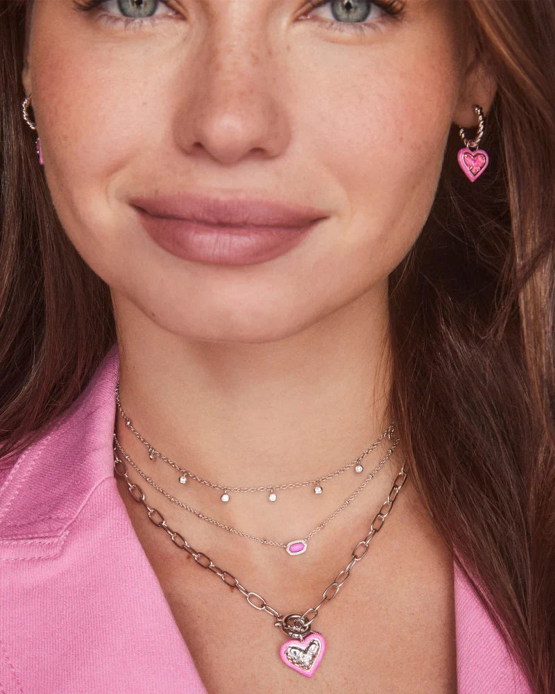 Ari Heart Silver Enamel Frame Link and Chain Necklace in Pink
