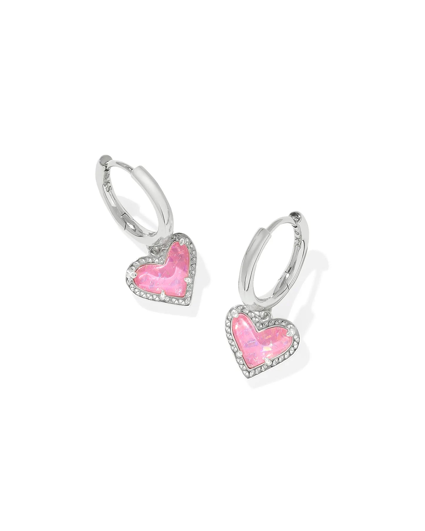 ARI HEART HUGGIE EARRINGS in RHODIUM PINK IRIDESCENT GLITTER GLASS
