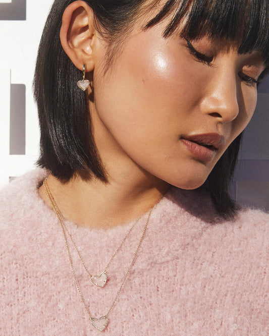 ARI HEART HUGGIE EARRINGS in GOLD ROSE QUARTZ