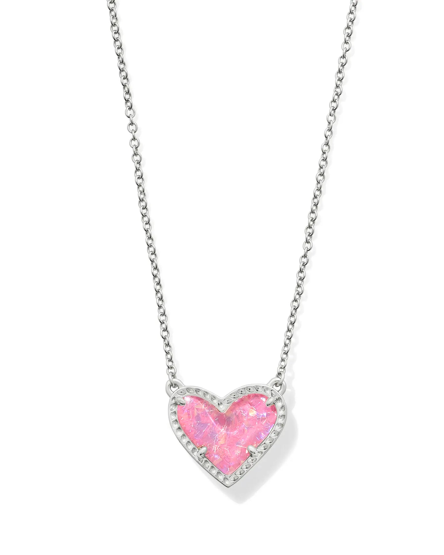 ARI HEART SHORT PENDANT NECKLACE in RHODIUM PINK IRIDESCENT GLITTER GLASS