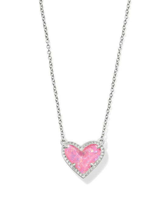 ARI HEART SHORT PENDANT NECKLACE in RHODIUM PINK IRIDESCENT GLITTER GLASS