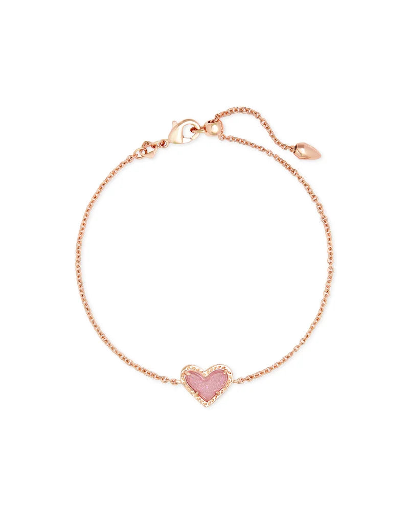 ARI HEART DELICATE CHAIN BRACELET in ROSE GOLD PINK DRUSY