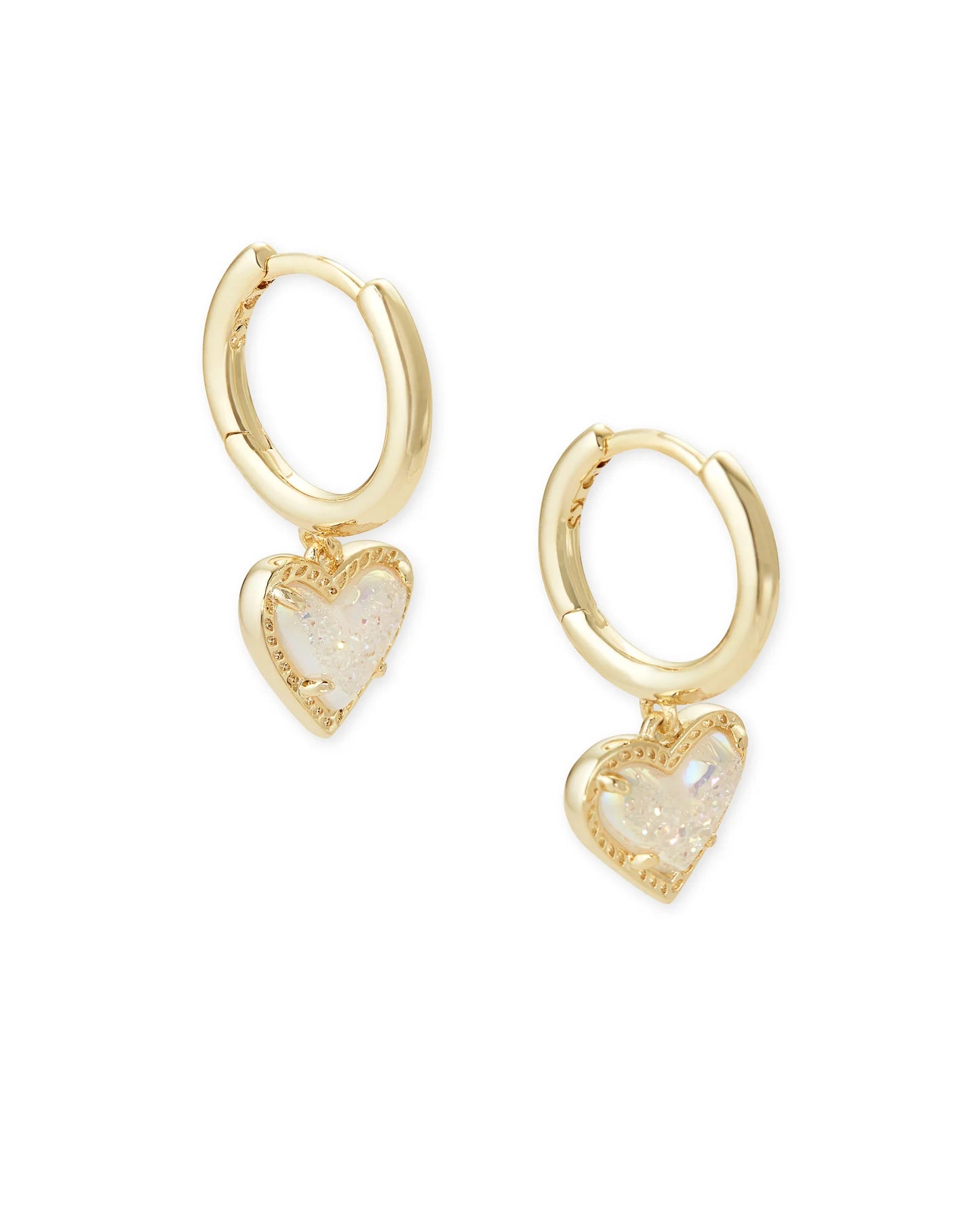 ARI HEART HUGGIE EARRINGS in GOLD IRIDESCENT DRUSY