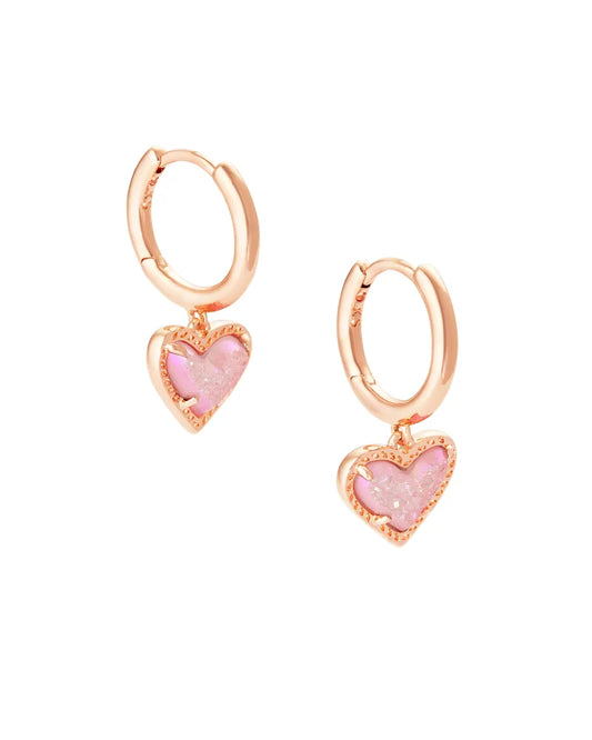 ARI HEART HUGGIE EARRINGS in ROSE GOLD PINK DRUSY