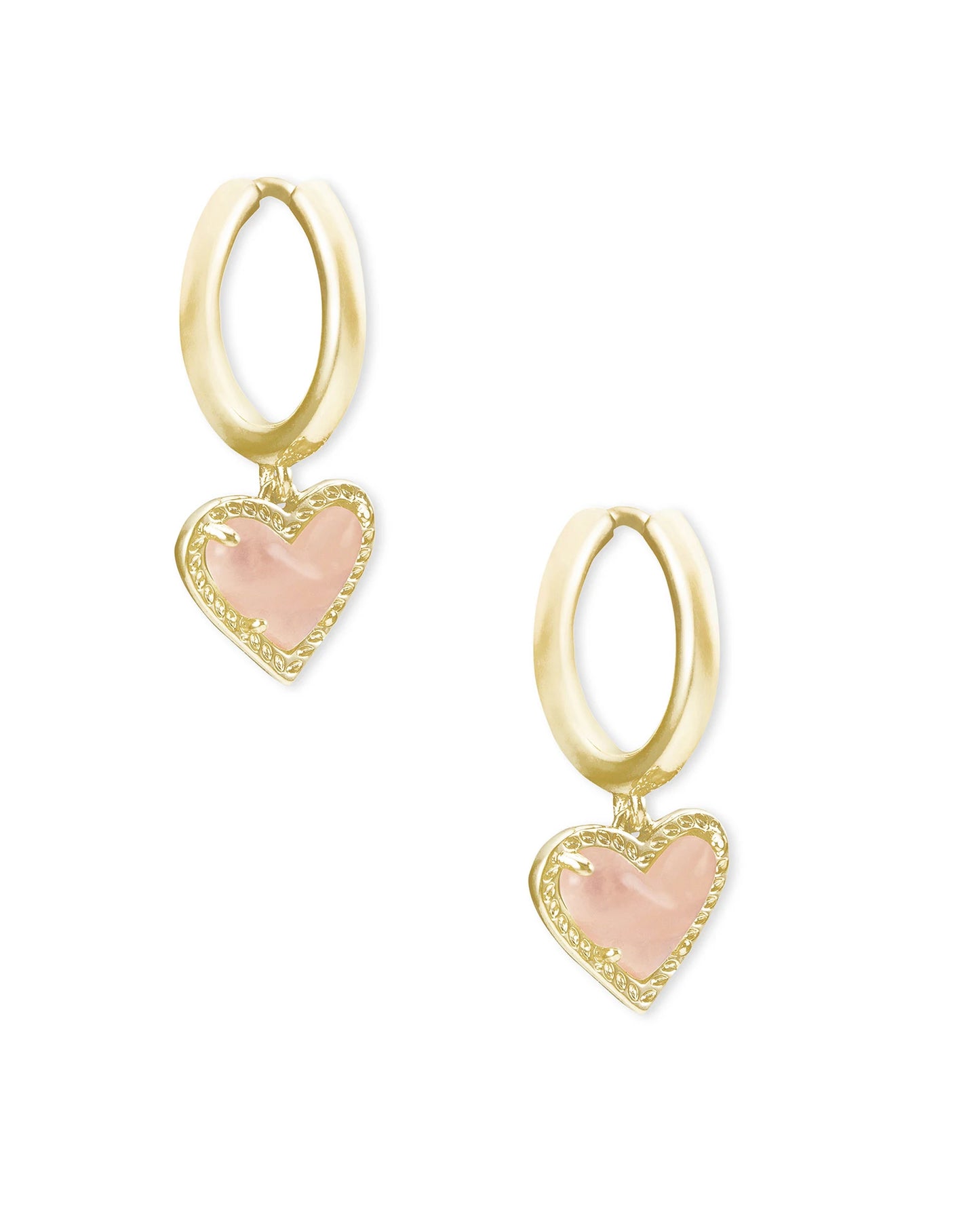 ARI HEART HUGGIE EARRINGS in GOLD ROSE QUARTZ