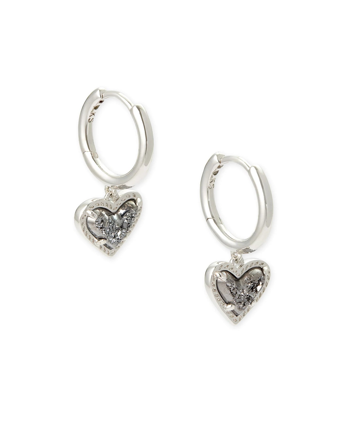 ARI HEART HUGGIE EARRINGS in RHODIUM PLATINUM DRUSY