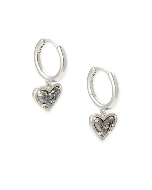 ARI HEART HUGGIE EARRINGS in RHODIUM PLATINUM DRUSY
