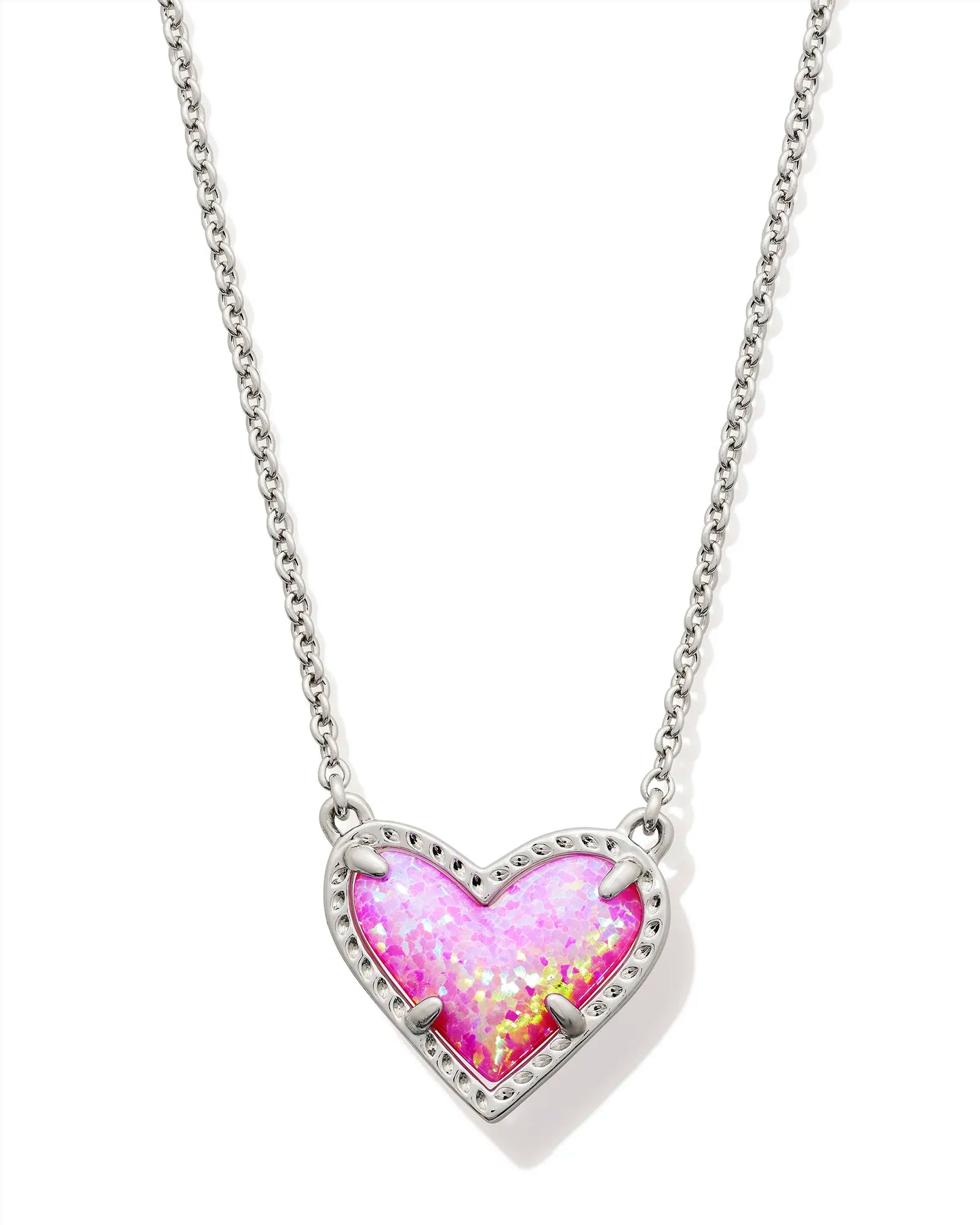 ARI HEART SHORT PENDANT NECKLACE in RHODIUM BUBBLEGUM PINK KYOCERA OPAL