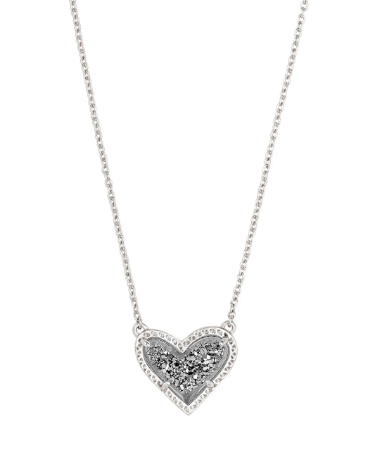 ARI HEART SHORT PENDANT NECKLACE in RHODIUM PLATINUM DRUSY