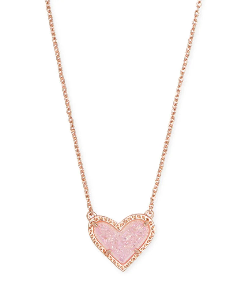 ARI HEART SHORT PENDANT NECKLACE in ROSE GOLD PINK DRUSY