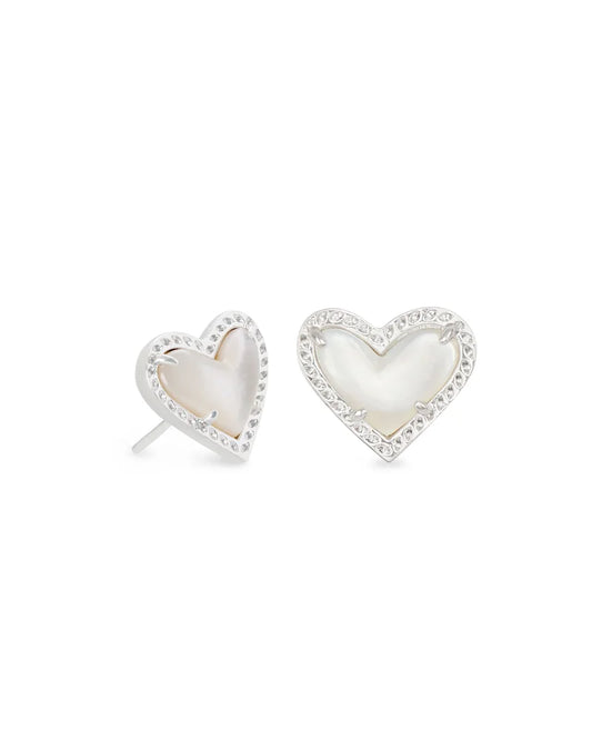 ARI HEART STUD EARRINGS in RHODIUM IVORY MOTHER OF PEARL