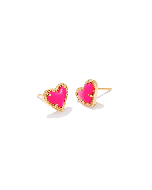 ARI HEART STUD EARRINGS in GOLD NEON PINK MAGNESITE
