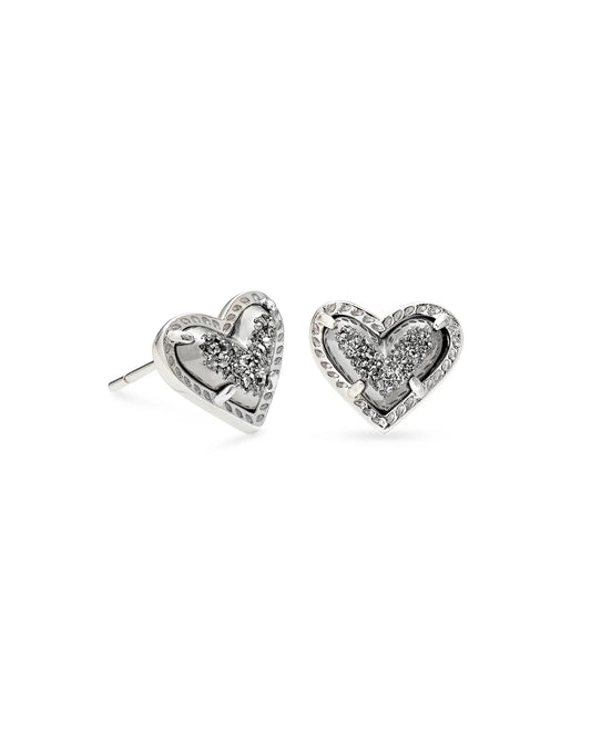 ARI HEART STUD EARRINGS in RHODIUM PLATINUM DRUSY